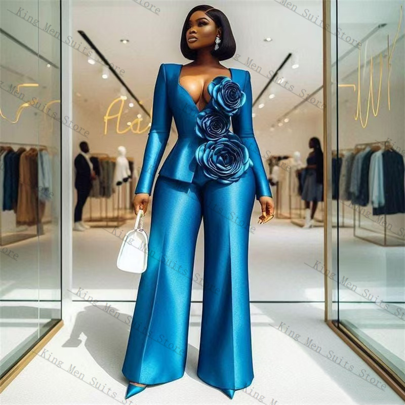 Women Formal Wear Coat - Blue Satin Women Suit Set 2
