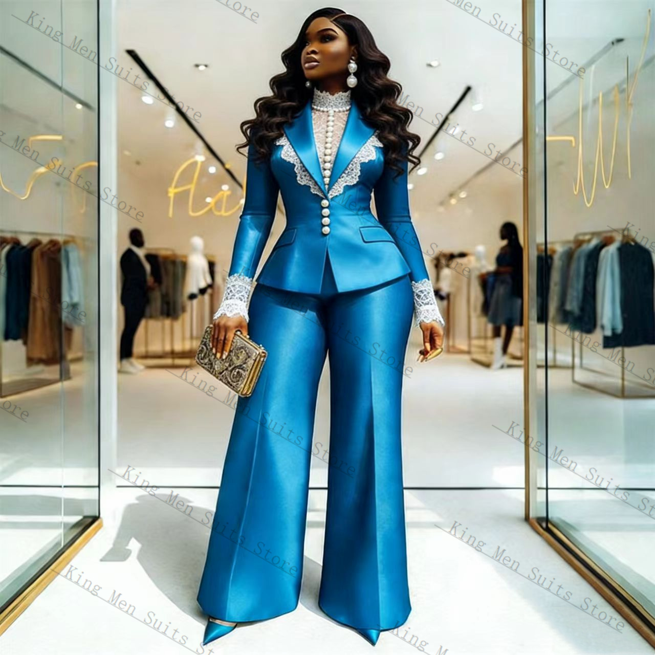 Blue Satin Lace Women Suit Set - đánh giá và giá Women Formal Wear Coat