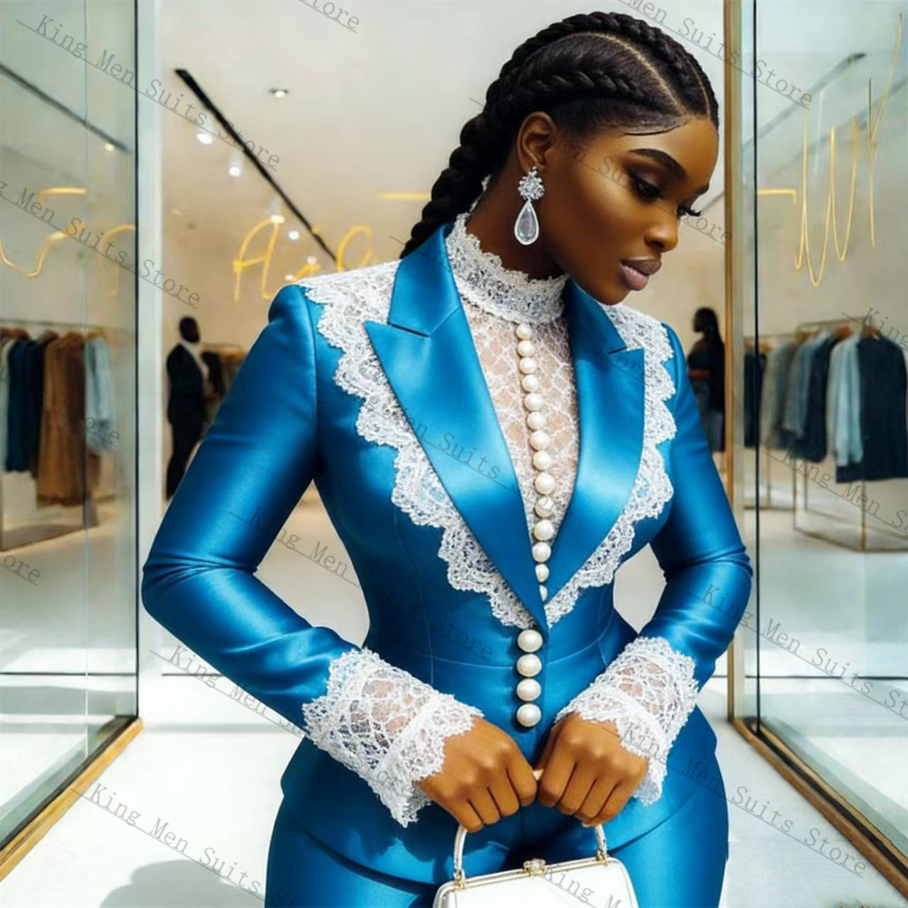 Blue Satin Lace Women Suit Set - đánh giá và giá Women Formal Wear Coat