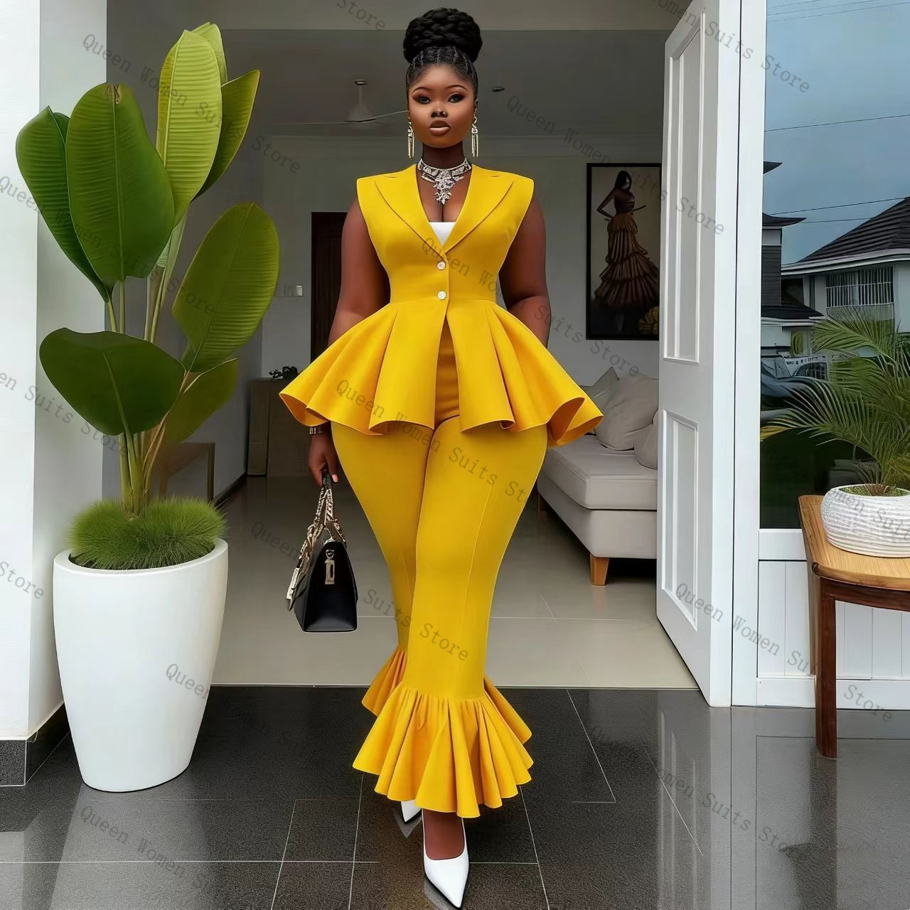 Yellow Women Suit Pants Set 2  - đánh giá và giá Women Formal Wear Coat