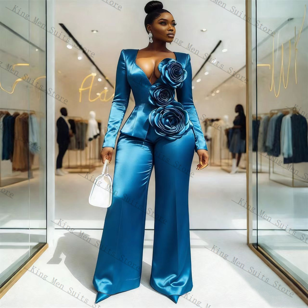 Blue Satin Women Suit Set 2 Pc - đánh giá và giá Women Formal Wear Coat