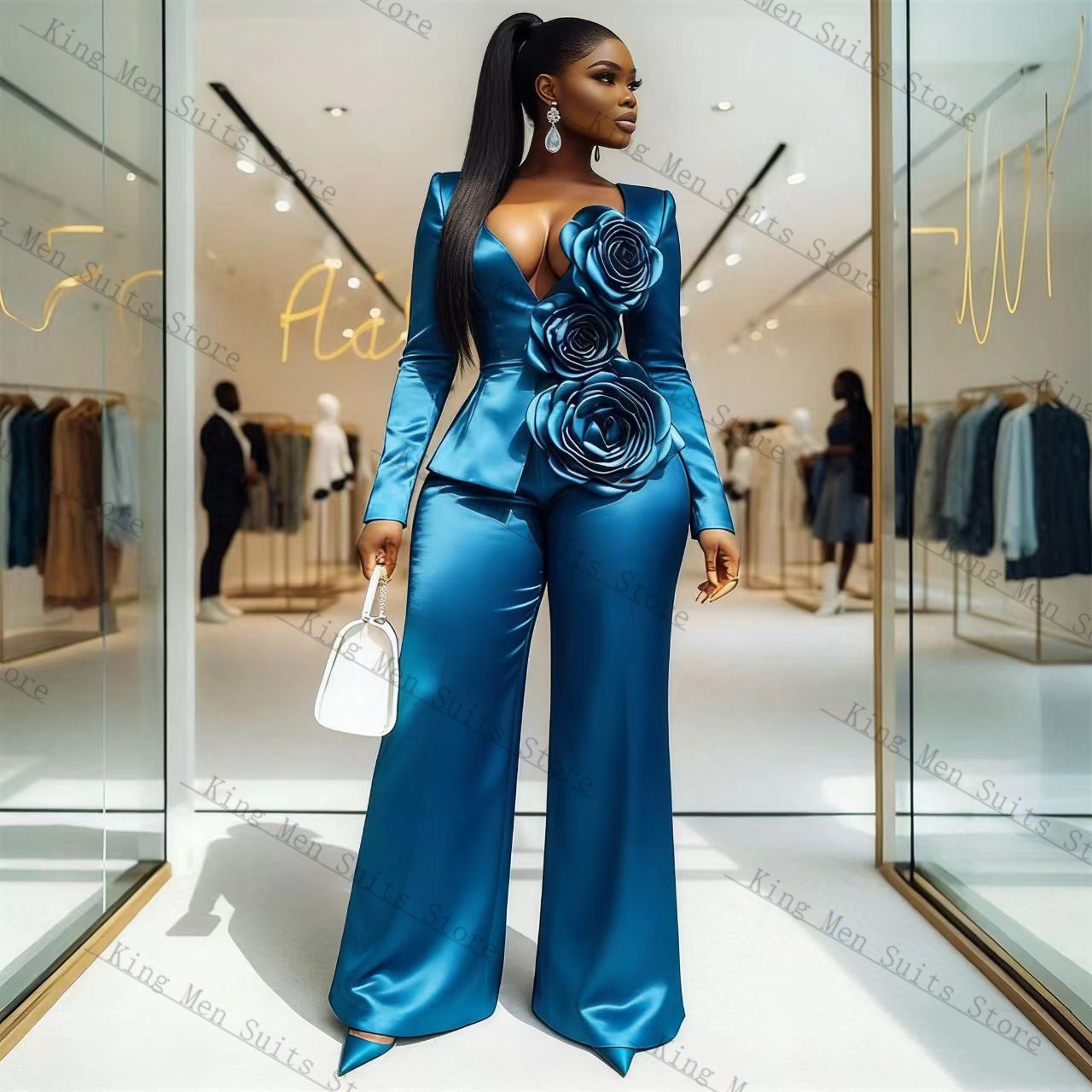 Blue Satin Women Suit Set 2 Pc - đánh giá và giá Women Formal Wear Coat